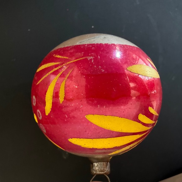 Other - Vintage Pink Mercury Glass Christmas Ornament Hand Painted Yellow Leaves MCM